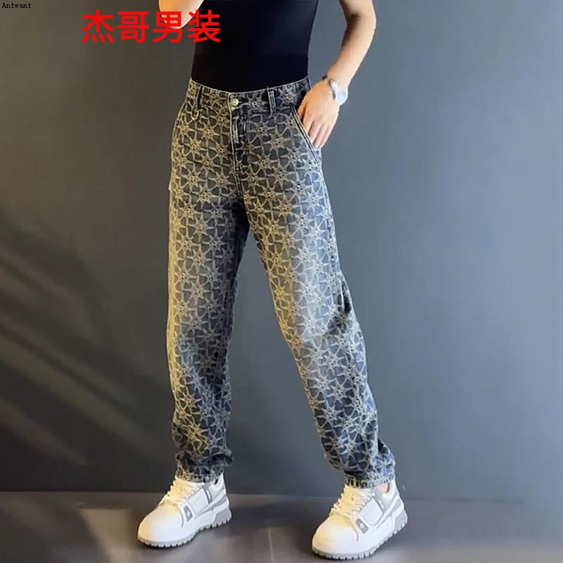 长男装时尚新款大码轻奢潮牌个性重工牛仔裤休闲裤子老爹直筒男士