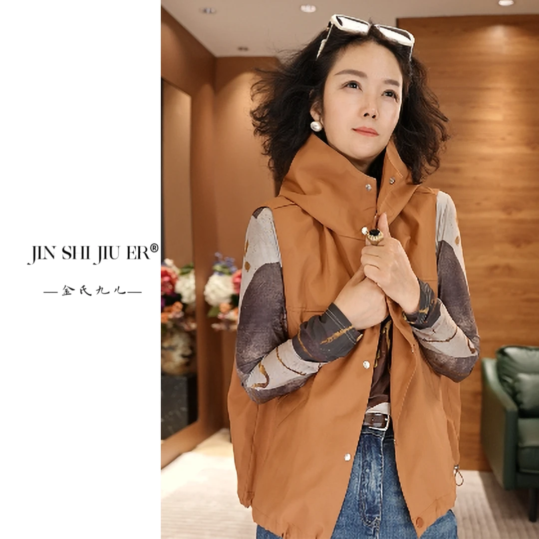 JIUER叠穿无袖连帽休闲马甲 时尚复古马夹百搭85055