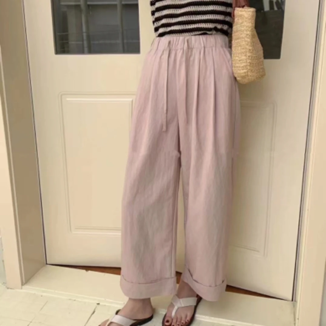 春季新款韩系女士翻边九分裤阔腿裤纯色百搭直筒宽松休闲简约