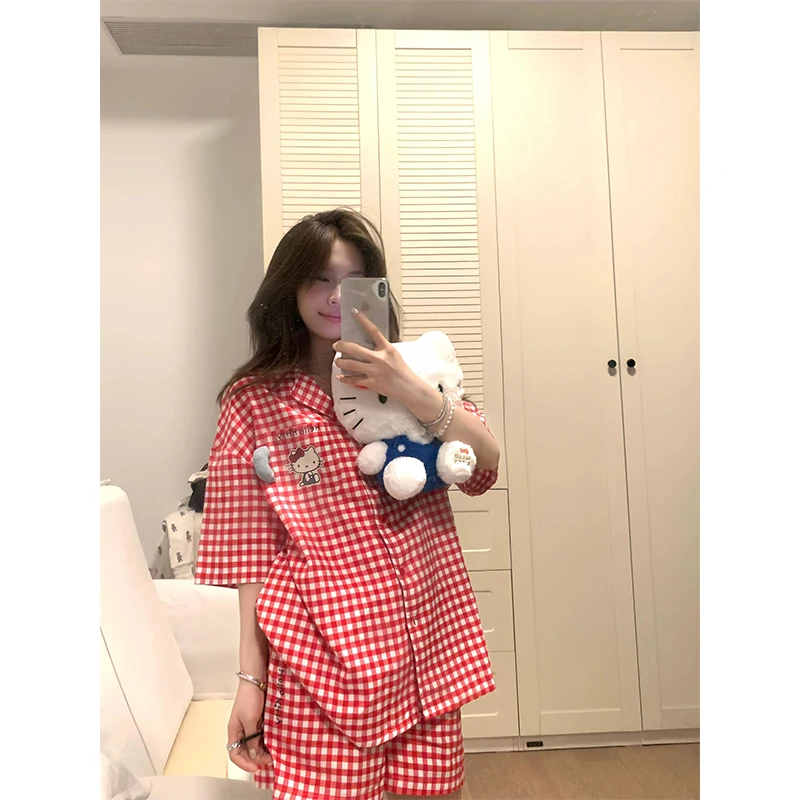 韩系可爱卡通凯蒂猫印花睡衣女夏季新款大码开衫短裤家居服两件套