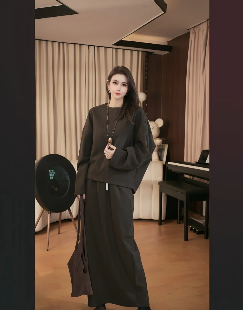 韩版女装休闲气质高腰慵懒风复古长袖显瘦时尚套装