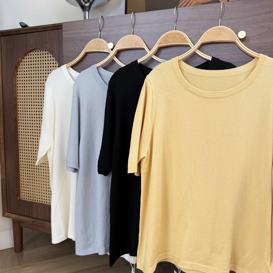 汐家微胖女装基础款圆领套头薄款针织衫短袖大码纯色透气内搭上衣