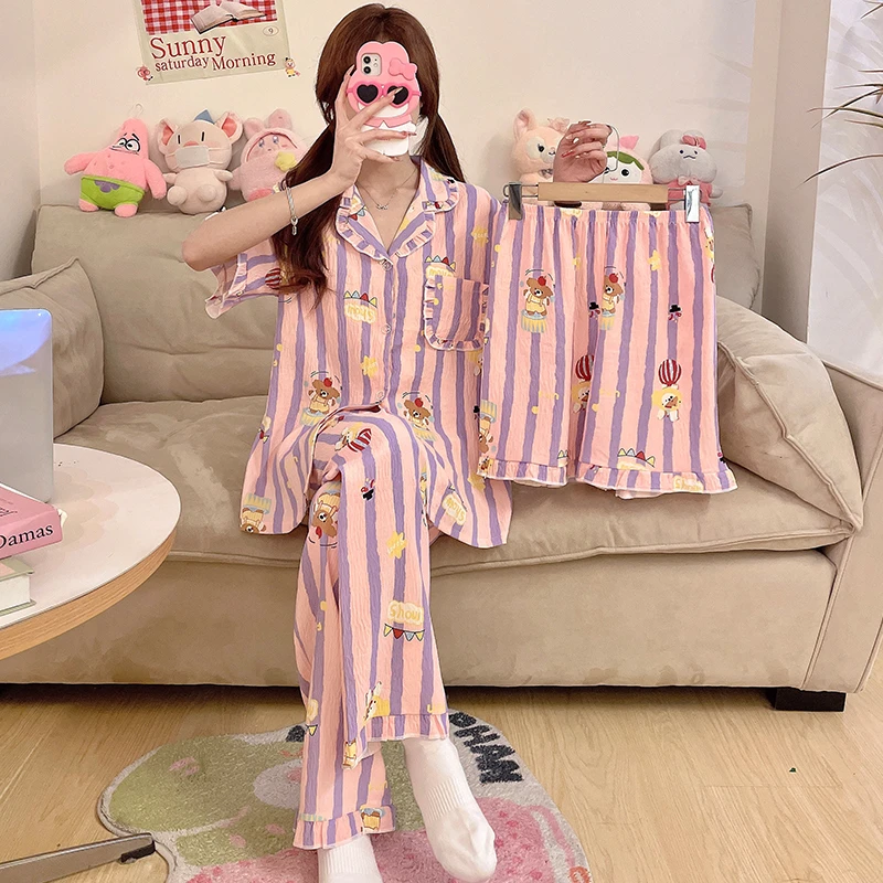 三件套带胸垫睡衣女夏季短袖短裤长裤云朵棉卡通甜美家居服 5357