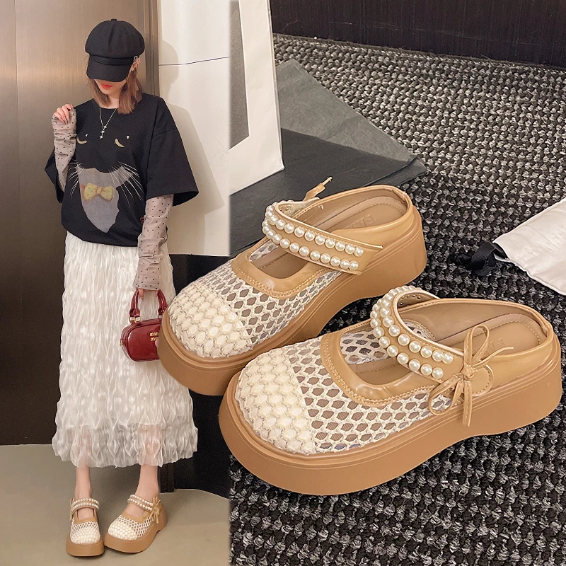 卓诗尼芙妮夏季白鹿同款法式珍珠厚底玛丽珍凉鞋女2025镂空半拖鞋