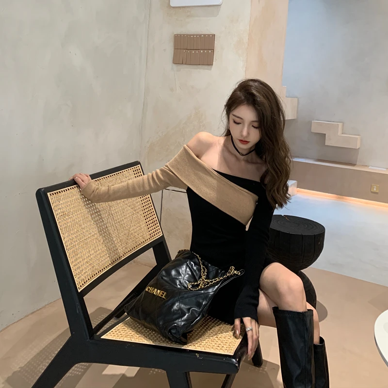 CEENIU撞色一字肩针织连衣裙女秋冬季紧身性感打底包臀毛衣裙内搭