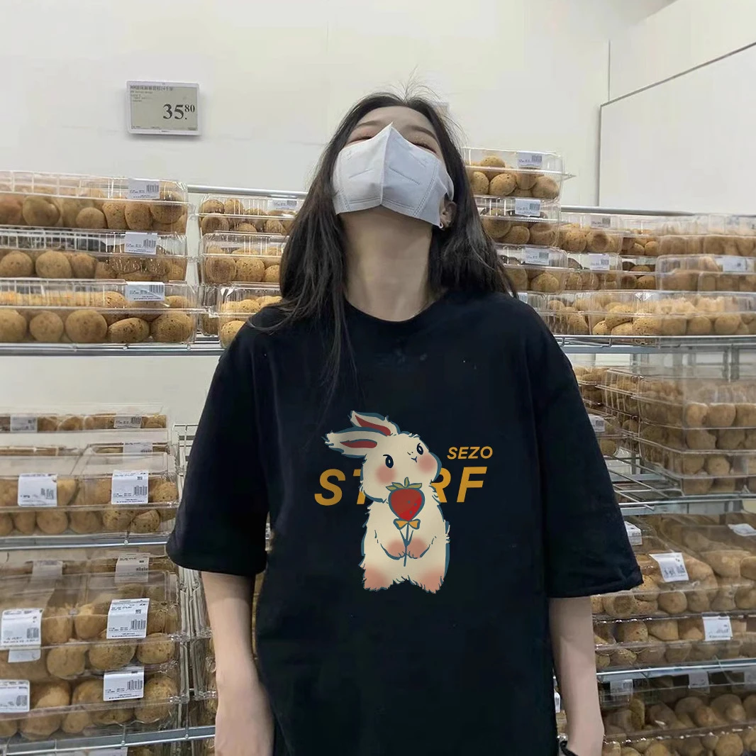 （玫瑰兔子）新款纯棉时尚短袖T女设计感ins夏季韩版显瘦短袖上衣
