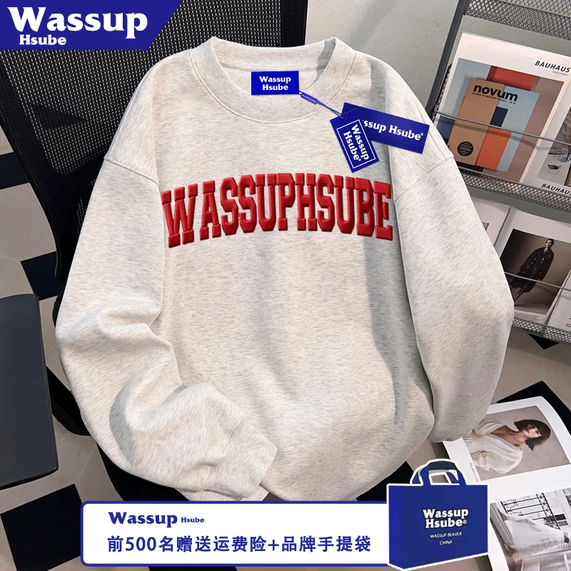 WASSUP HSUBE秋季长袖简约风字母印花T恤ins中性男女款白灰色上衣