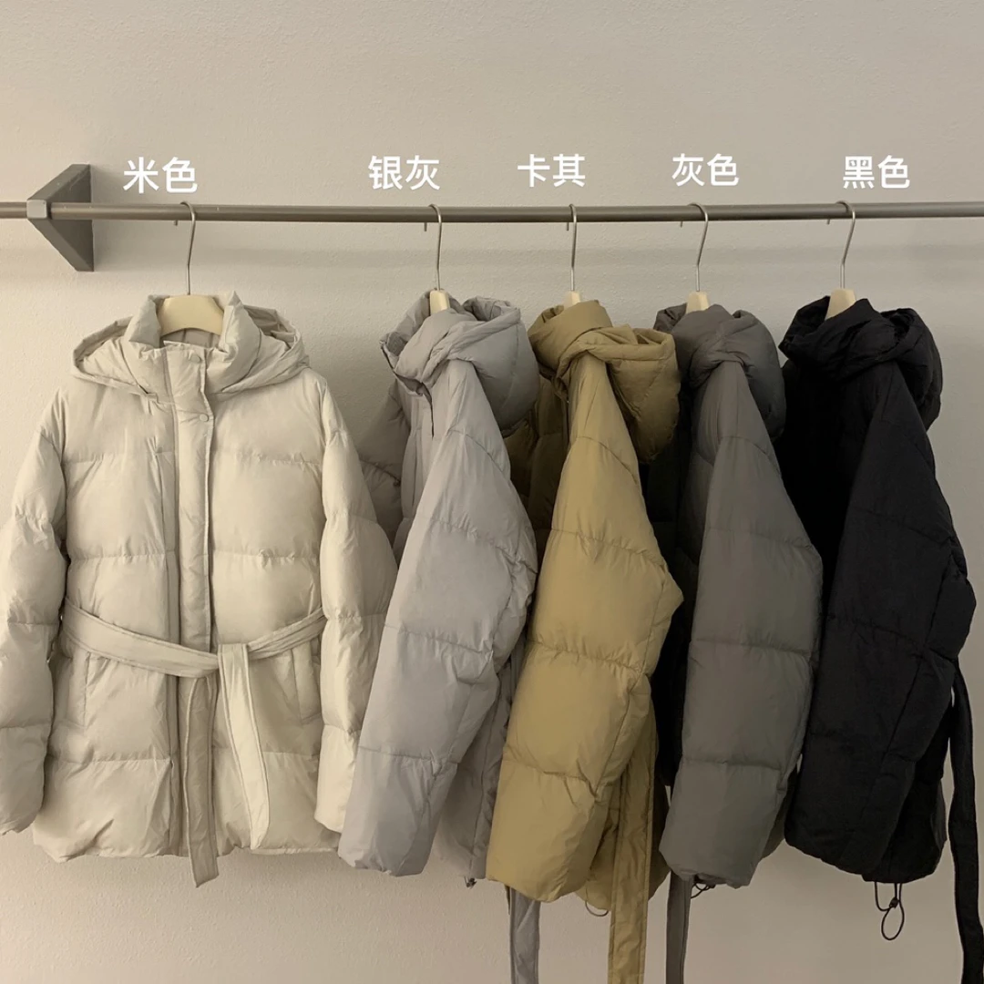 韩系系带收腰连帽保暖中长款羽绒服365