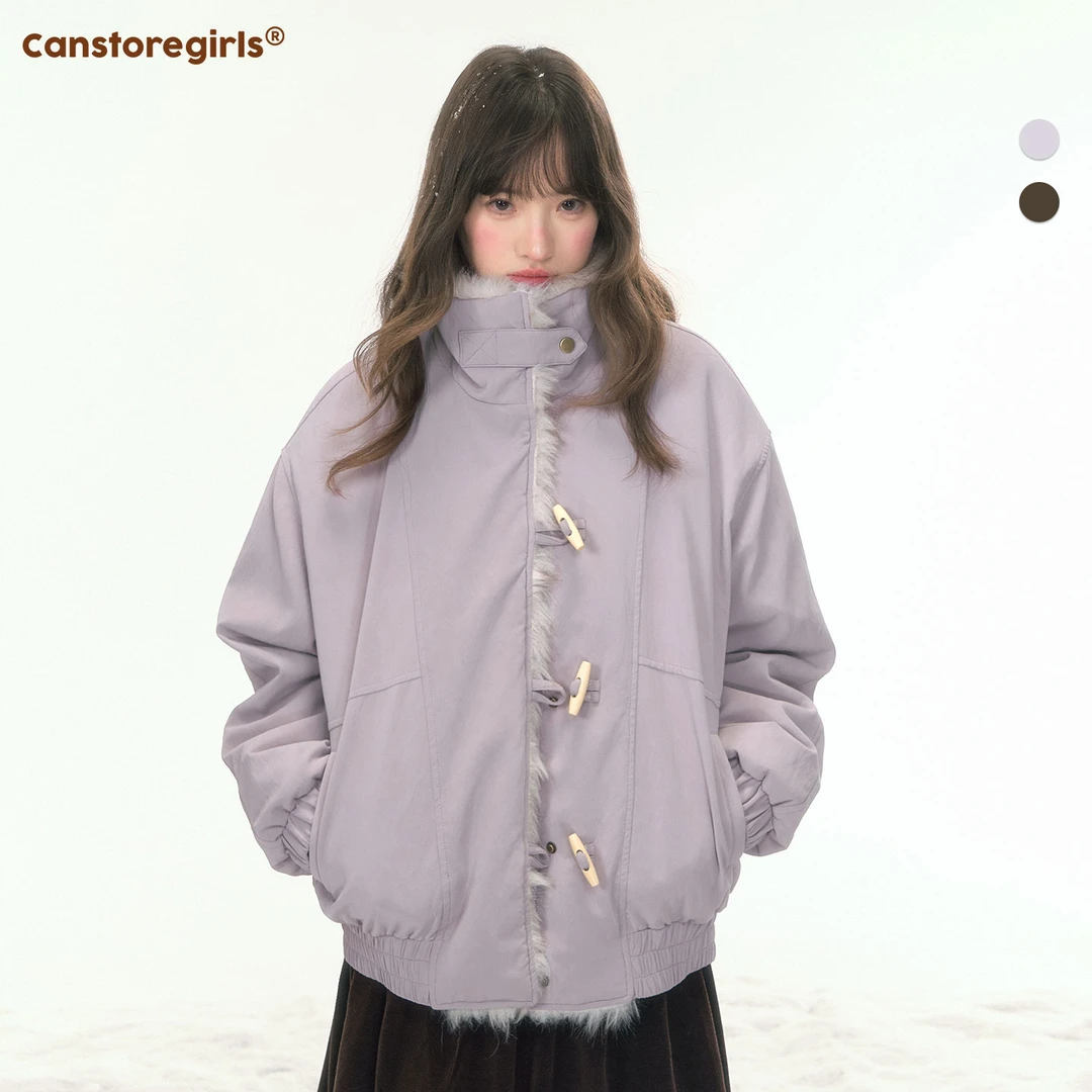 罐头士多所 '焦糖芋泥奶芙'毛毛立领夹克PU皮短外套