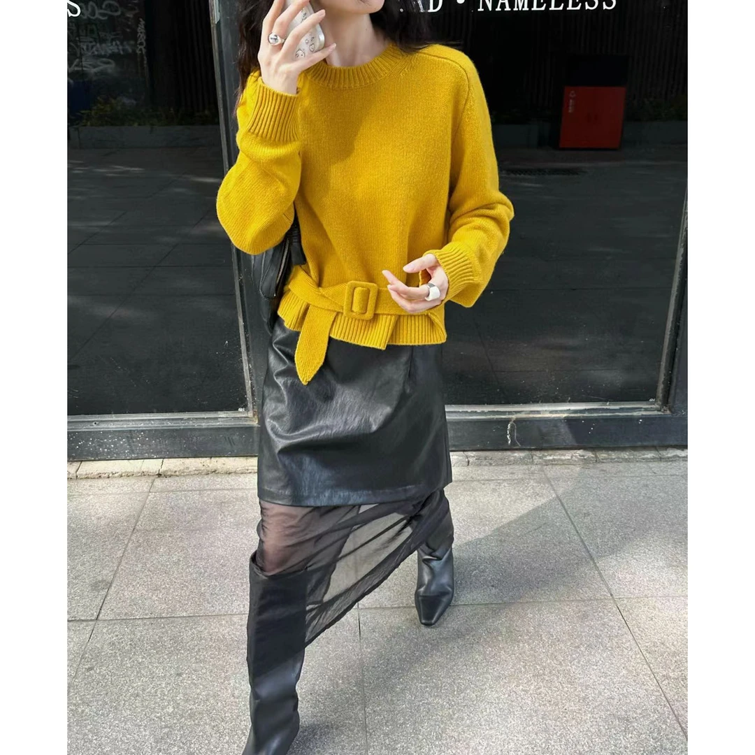 这一白 韩系下摆腰带设计长袖针织衫女秋冬新款小个子毛衣