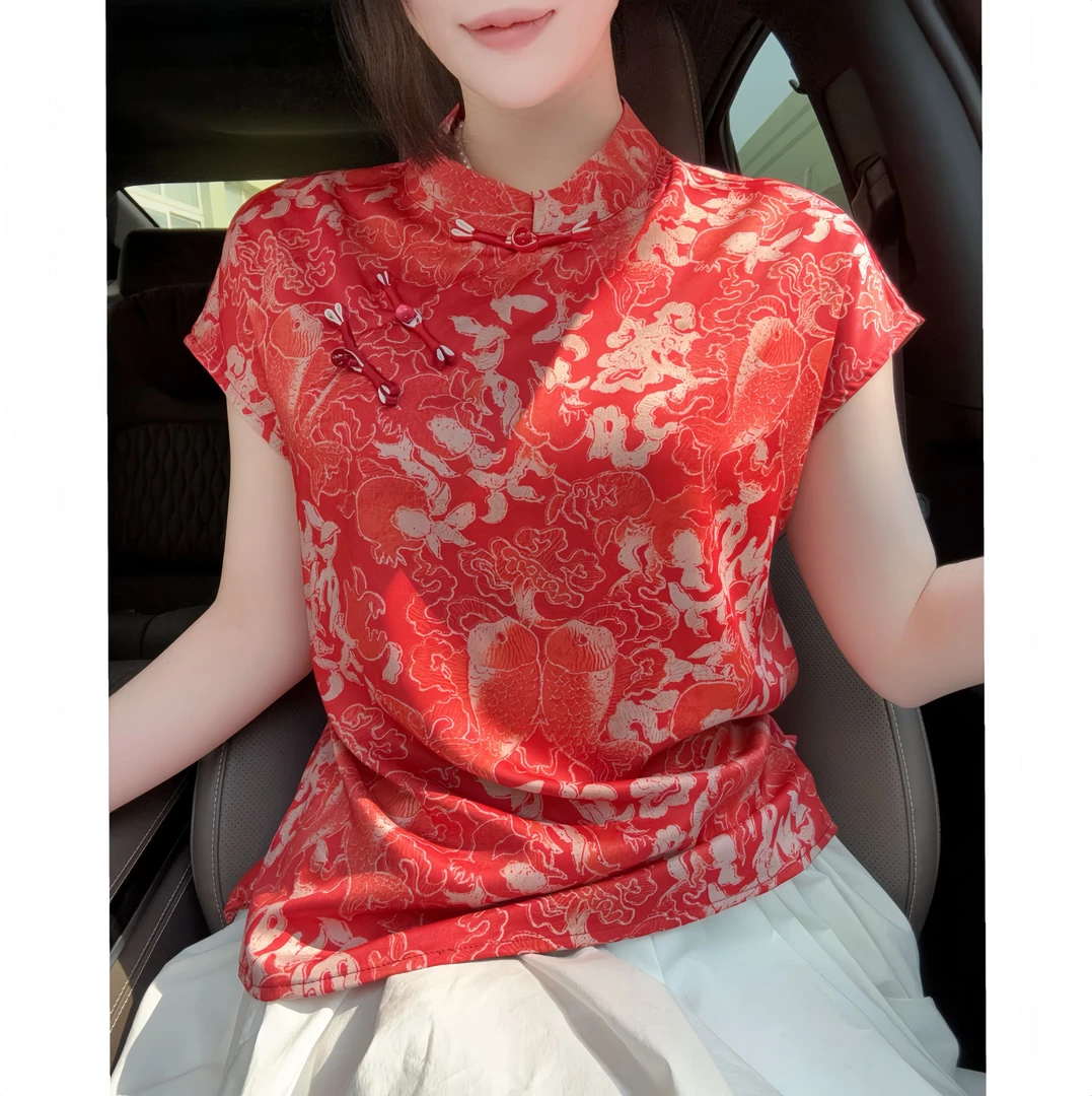 【红鲤鱼】喜庆红色短袖小衫丝滑舒适女装百搭透气精致提花显瘦洋气