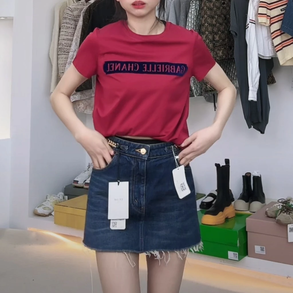全新未使用 Chanel/香奈儿 纯色圆领印花短袖 红色/36
