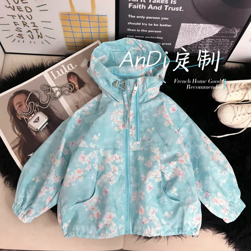 〖ANDI〗安迪订制秋季新款女童中大童碎花满印拉链连帽外套5043
