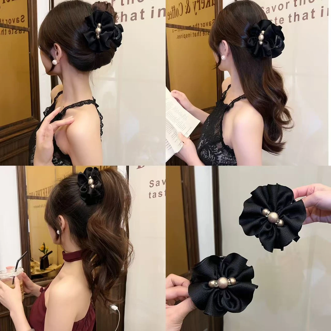 气质黑色珠珠花苞发夹高级感百搭发卡后脑勺马尾夹鲨鱼夹女发饰
