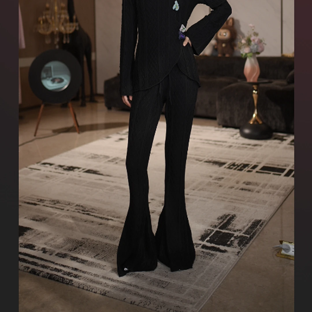 肯逊KENSUN 复古显瘦高腰修身气质时尚黑色铅笔喇叭裤法式优雅