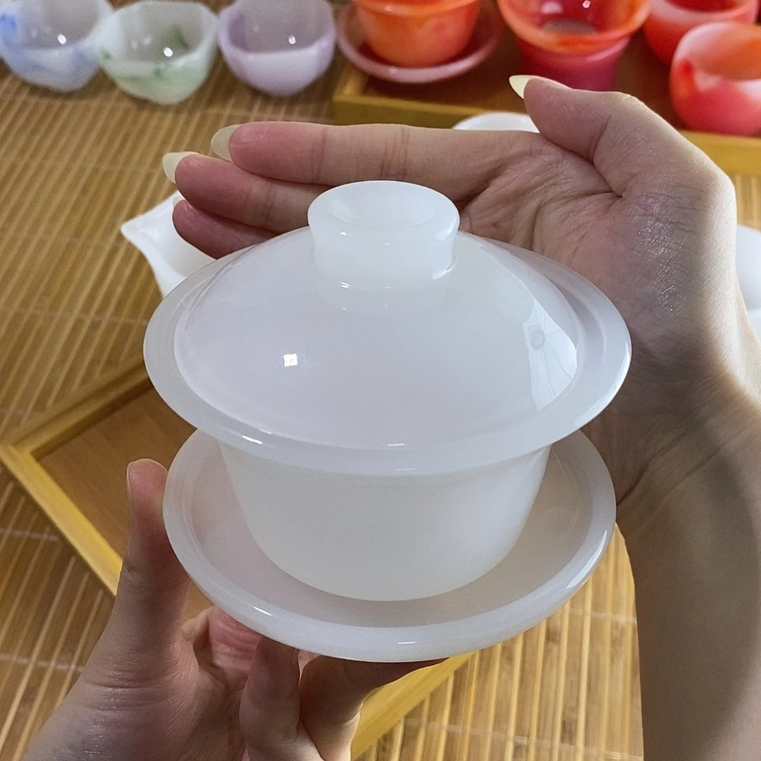琉璃手工艺品高端白色琉璃盖碗