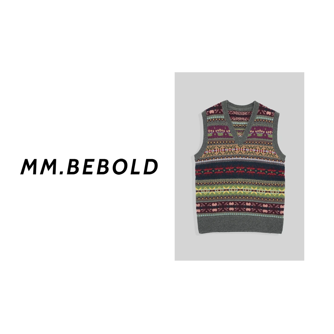 【妙姐精选】织锦 绵羊毛 100 宽松V领针织马甲背心MQJ2526