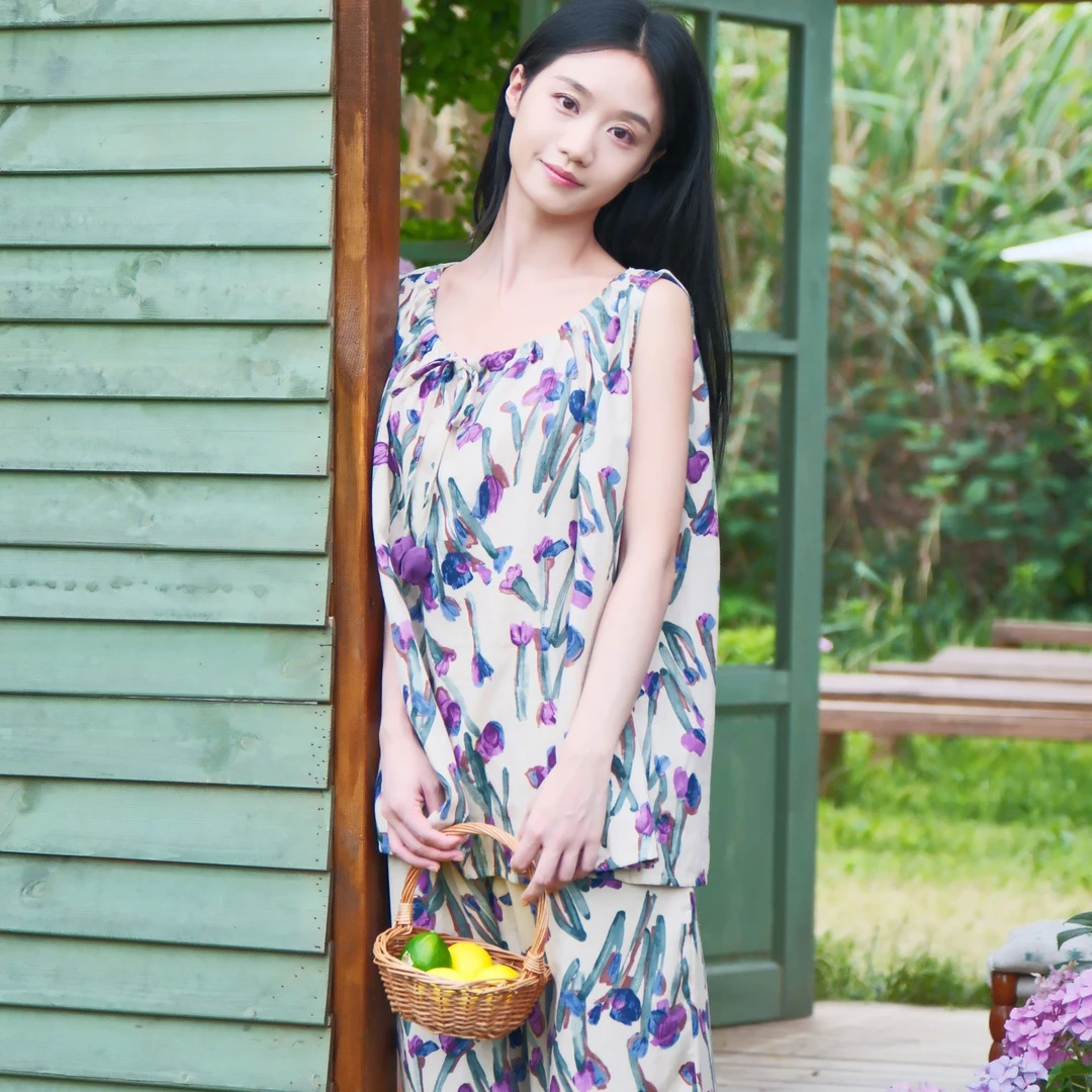 『郁雾』夏季薄款背心长裤纯棉纱布睡衣全棉家居服MY0125