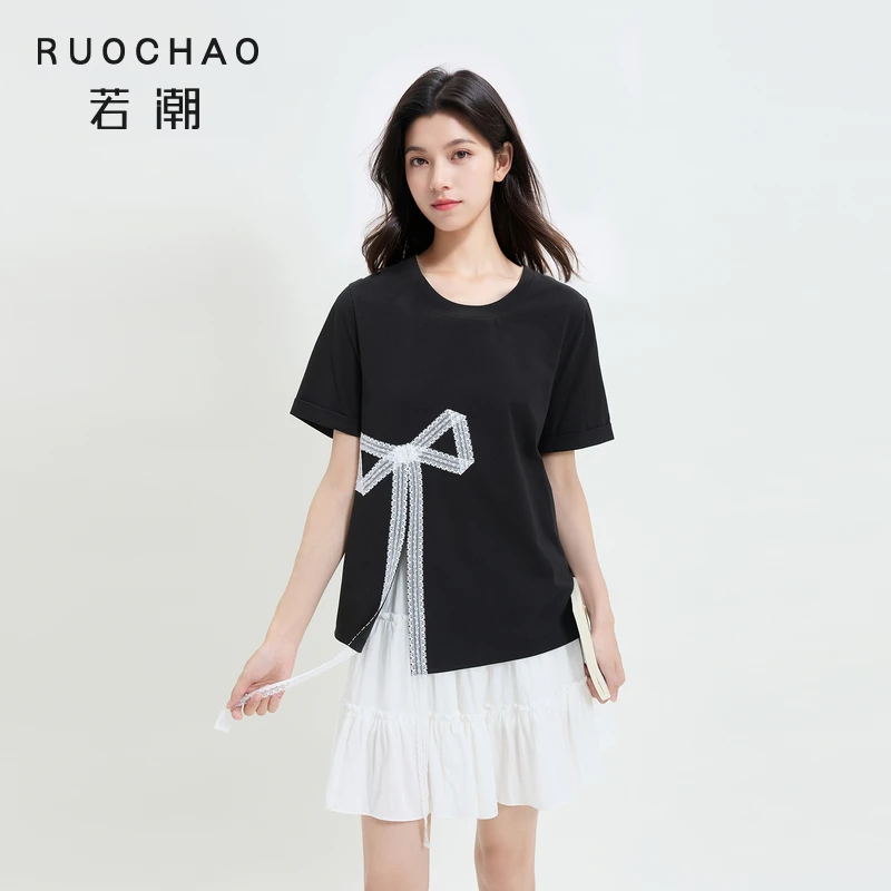 三彩大码女装2025秋季新款圆领T恤短袖花边蝴蝶结开叉胖MM