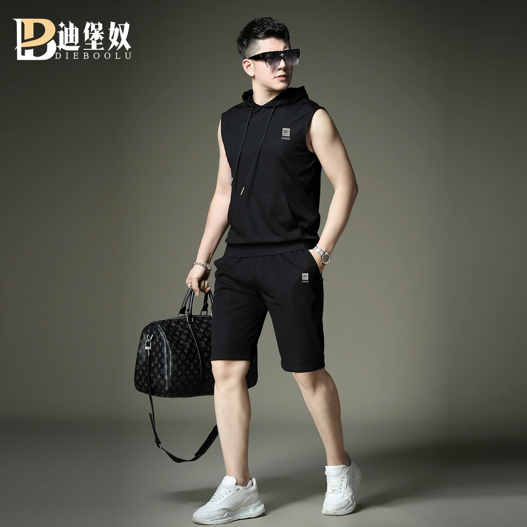 欧洲站2025夏季轻奢小标印花短裤连帽背心男潮牌高端无袖t恤男