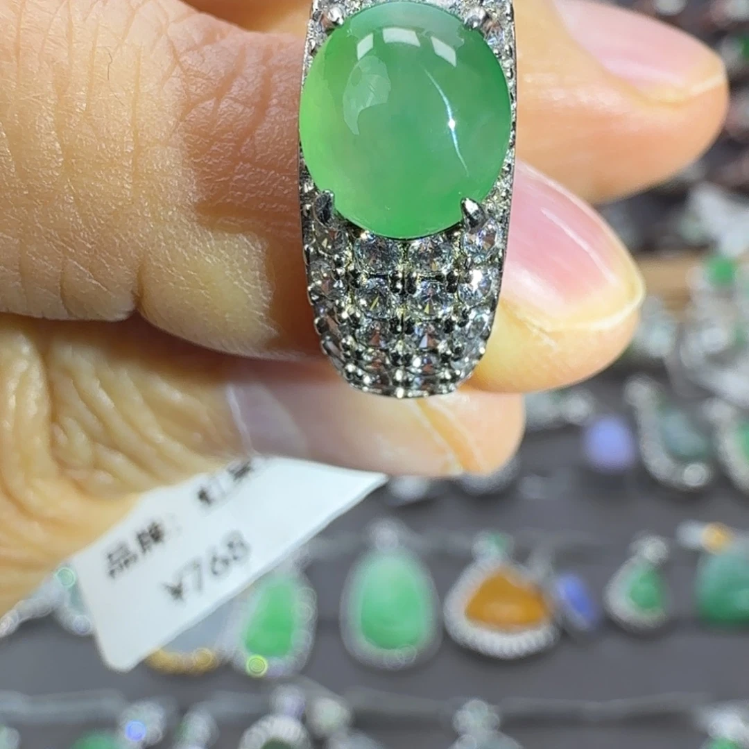 翡翠银S925镶嵌戒指天然缅甸翡翠A货