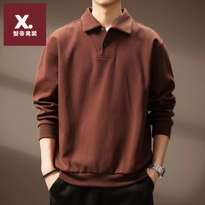 高端日系复古重磅翻领长袖卫衣男秋季新款简约百搭宽松休闲Polo衫