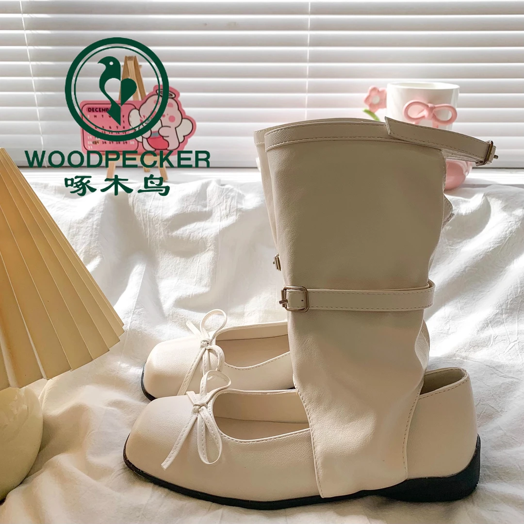 啄木鸟小众设计感凉靴女2025夏季新款蝴蝶结芭蕾舞鞋玛丽珍堆堆靴
