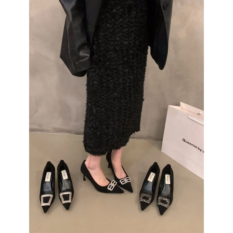 法式小众高级感黑色水钻单鞋女鞋子2025新款春秋冬气质尖头高跟鞋