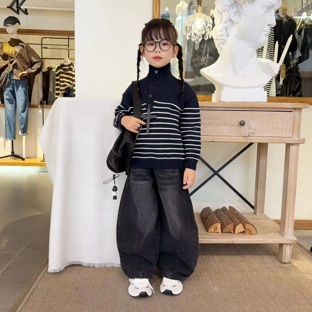 女童毛衣2025新款秋冬装儿童条纹上衣女大童加厚打底针织衫套装