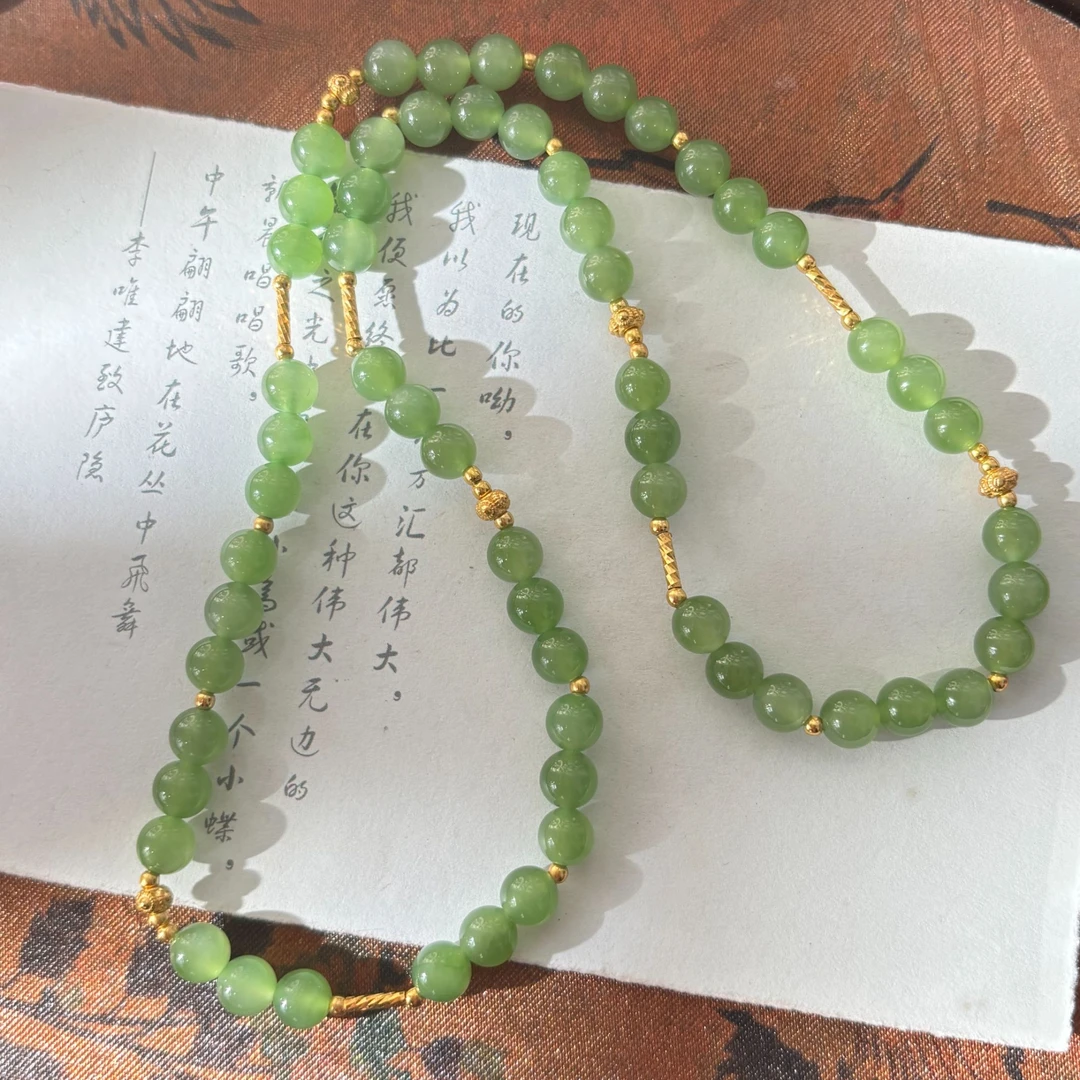 S47 绿玉缘【金菀菀】天然和田玉碧玉银S925镶嵌项链锁骨链
