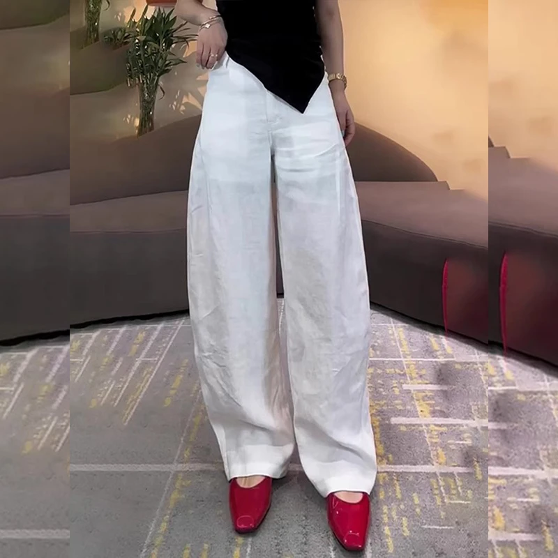 白色天丝亚麻休闲裤2025夏季新款大码胖mm宽松显瘦直筒弯刀阔腿裤