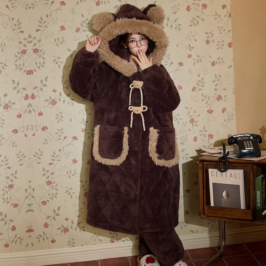 冬季睡衣女款爆款2025新款长毛绒睡袍珊瑚绒三层夹棉家居服两件套