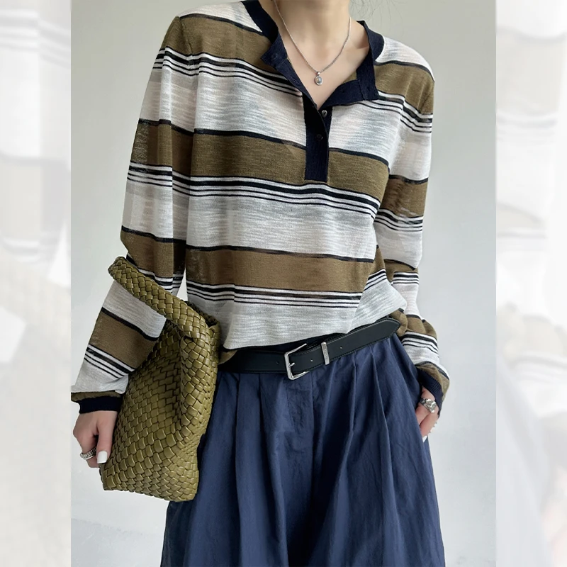 Mandsibil曼德西比利秋季条纹长袖t恤上衣2025新款女装宽松慵懒风