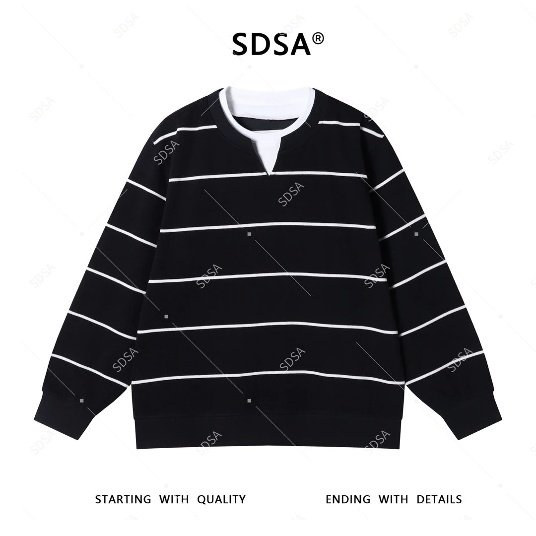 SDSA秋冬新款男士痞帅韩版简约撞色条纹假两件套头圆领卫衣时尚潮
