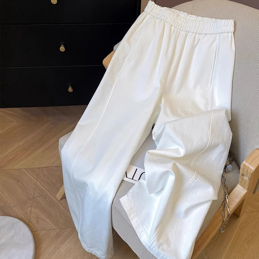 白色简约休闲直筒裤女2025夏季新款松紧高腰宽松百搭简约阔腿裤子