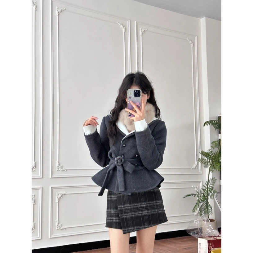 小小仟 律政千金 毛呢夹棉外套收腰水手领套装裙裤小香风气质