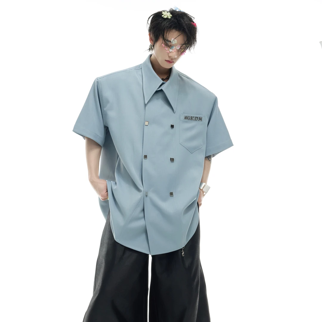 ArguE CulturE夏季小众双排扣设计衬衫宽松简约高级休闲短袖衬衣