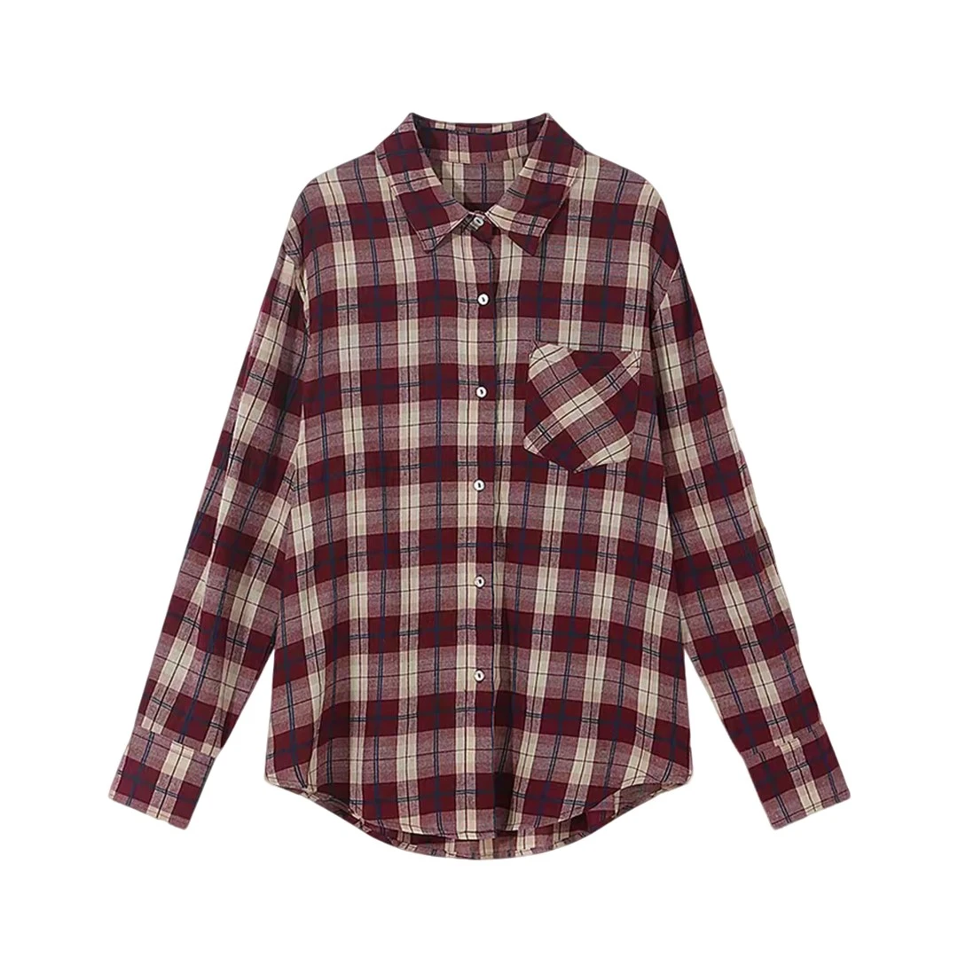 韩系宽松显瘦红格长袖衬衫2025秋季新款休闲气质polo领复古开衫女