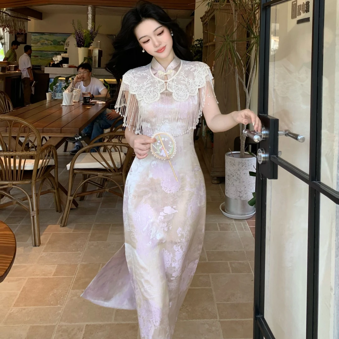 Blovelan霞绡坠月 婉约气质刺绣盘扣旗袍修身开连衣裙