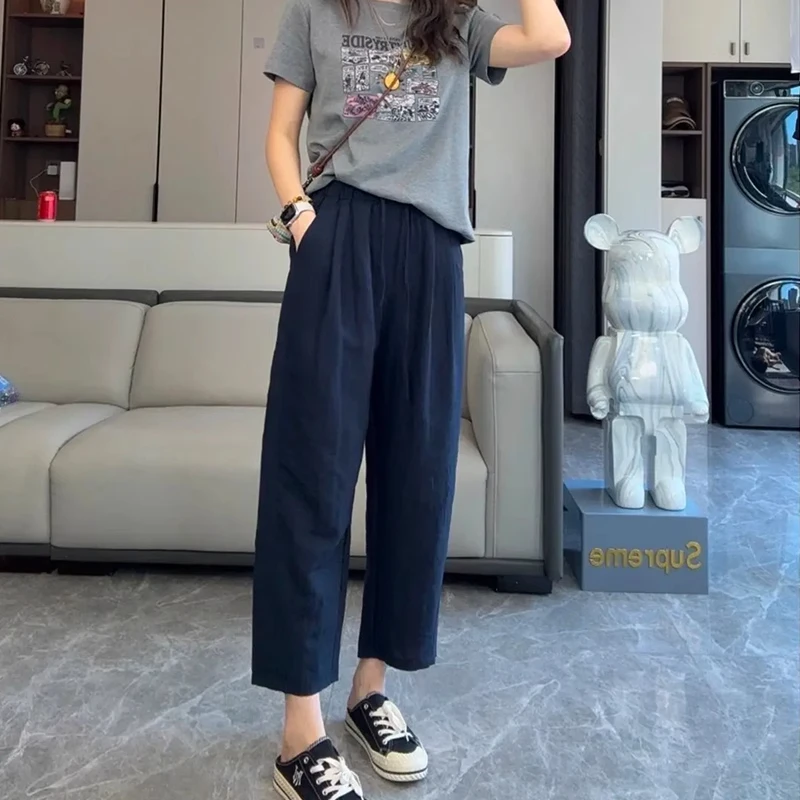 夏季休闲裤百搭藏青色裤子女款阔腿裤直筒裤九分裤显瘦