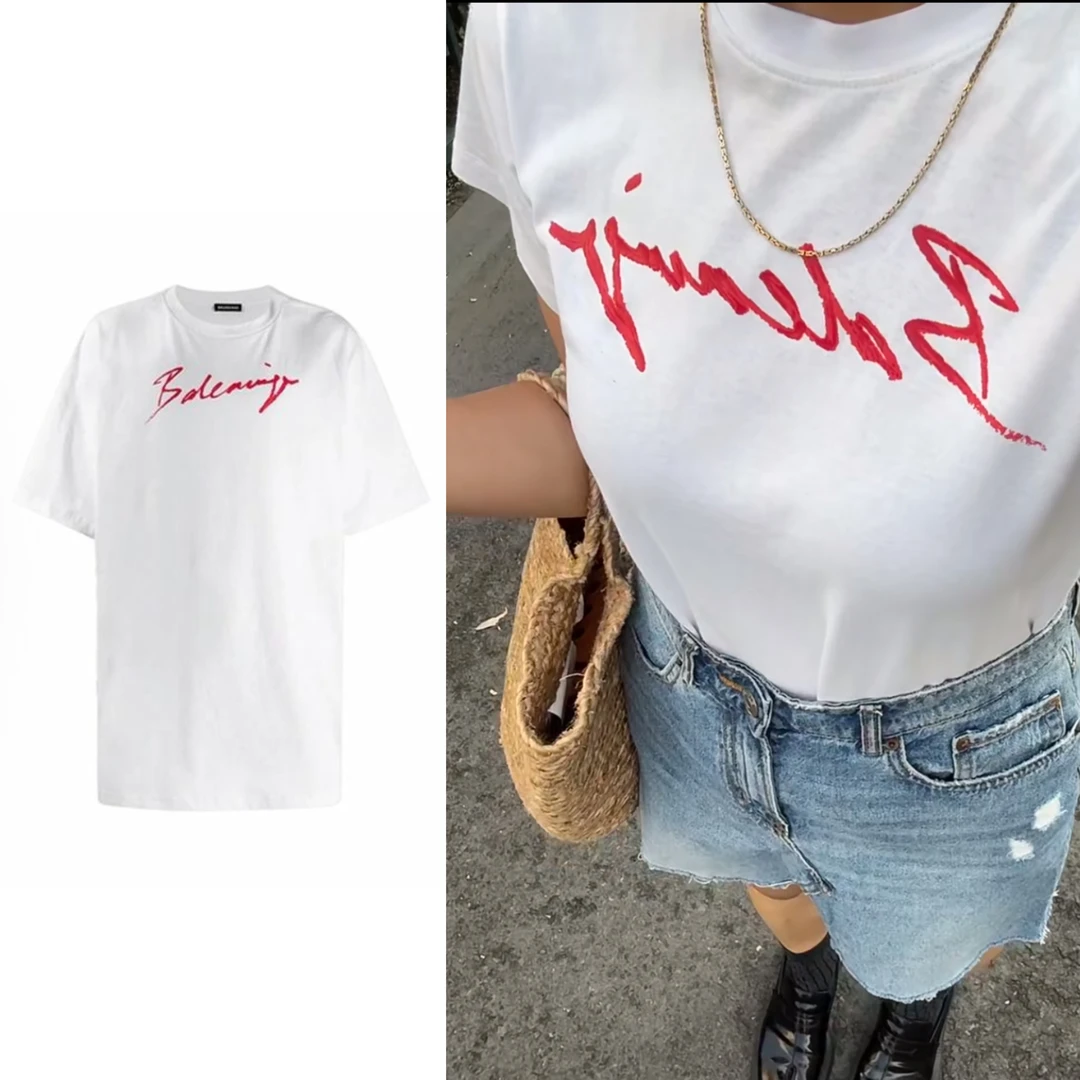 全新未使用 Balenciaga/巴黎世家 红色草写logo休闲男女同款短袖