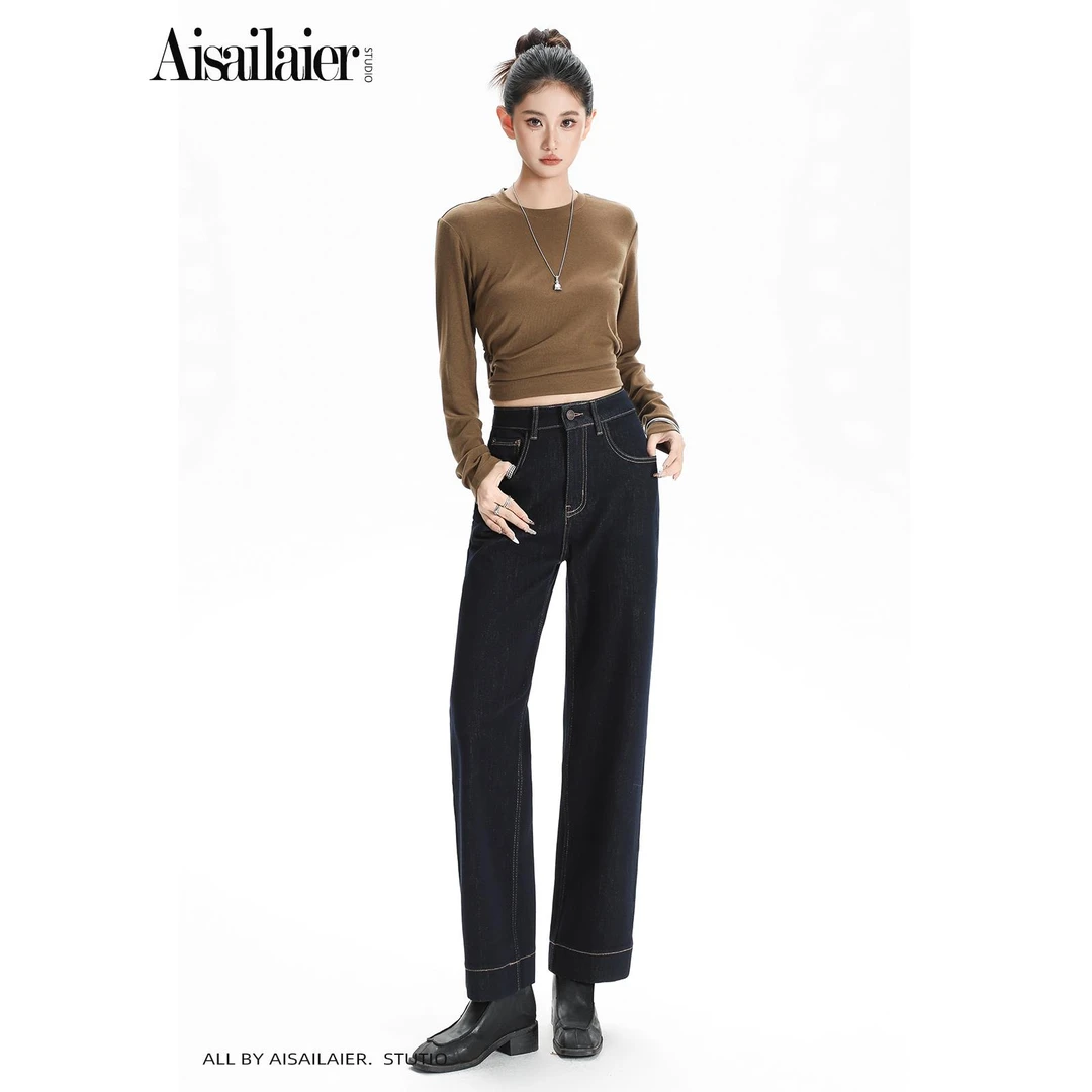 秋季丹宁蓝直筒牛仔裤女2025年新款烟管裤显瘦九分小个子高腰裤子