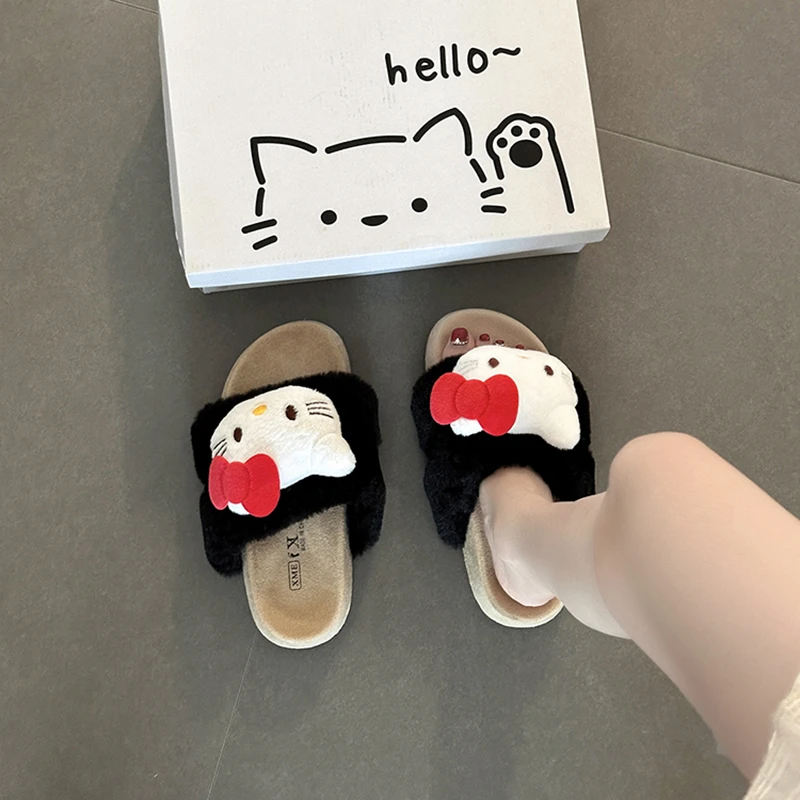 时尚可爱卡通大头小猫厚底棉拖鞋女2025秋冬新款外穿一字毛毛拖鞋