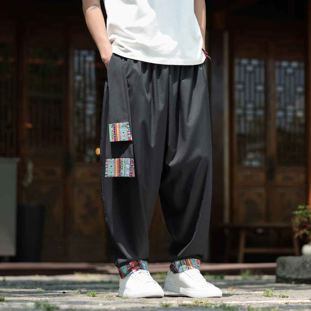 中国风民族印花冰丝裤子男夏季薄款阔腿哈伦裤大码宽松休闲运动裤