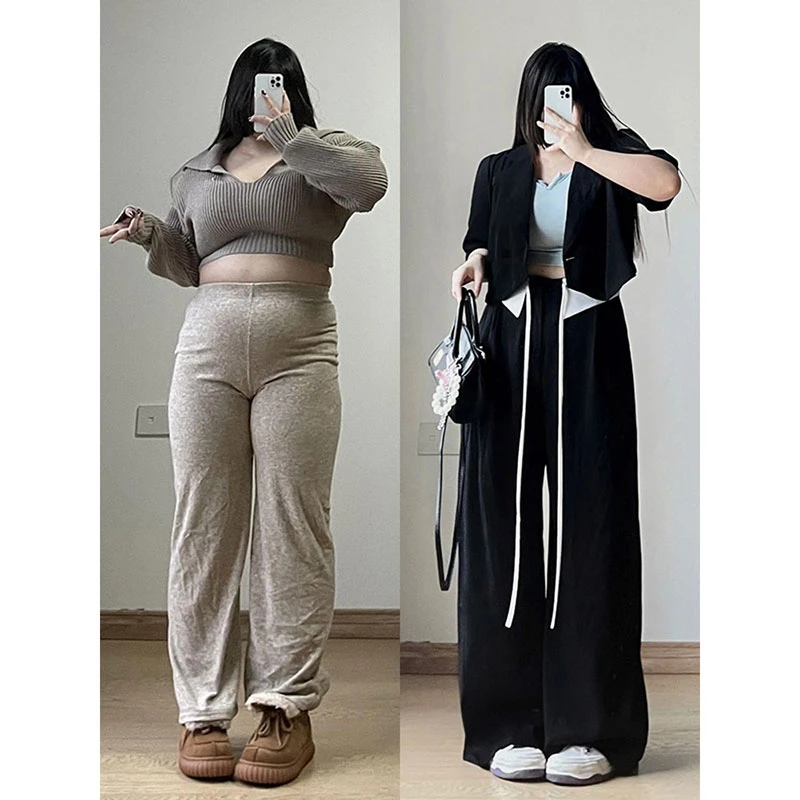 大码女装胖mm美式复古直筒西裤女春夏季新款长裤宽松显瘦阔腿裤子