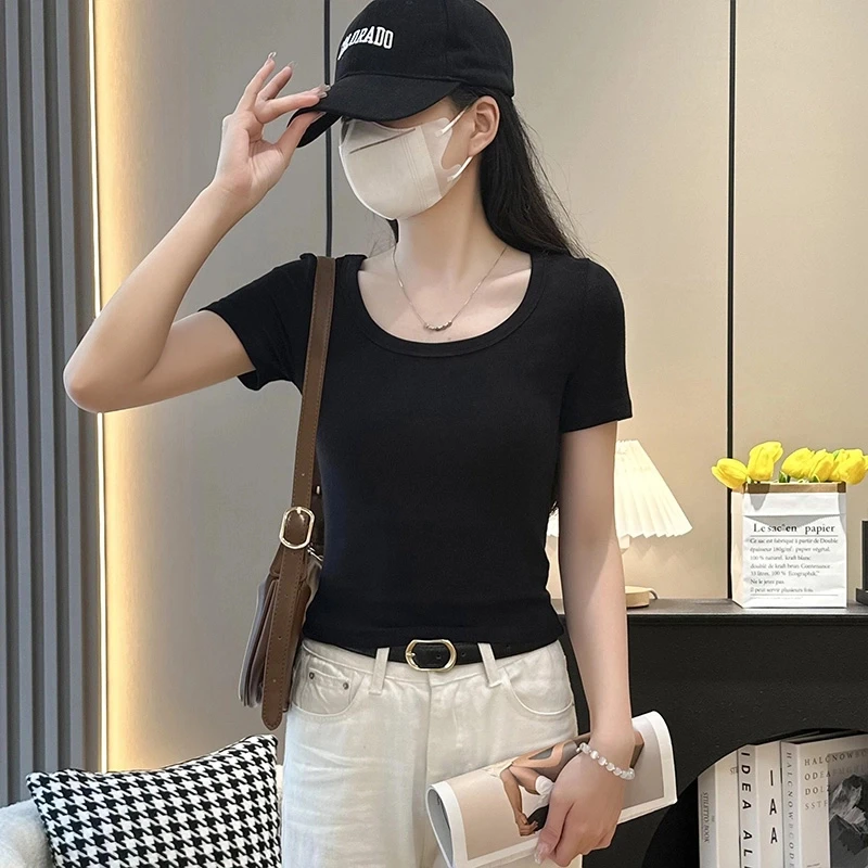 2025新款正肩圆领简约显瘦百搭女士短袖t恤修身螺纹棉春夏上衣ins
