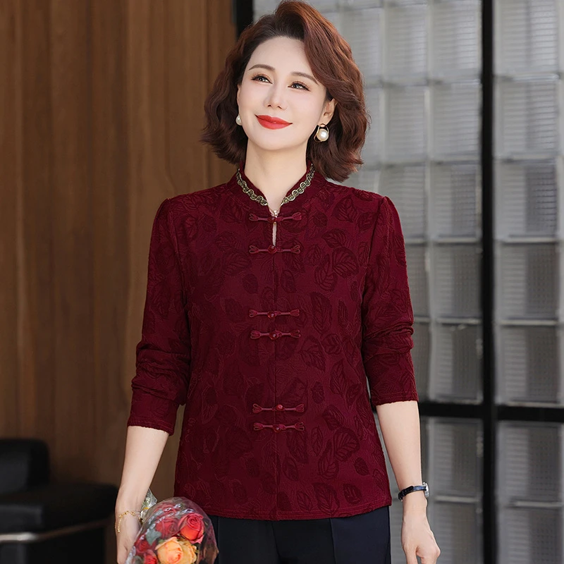 妈妈装秋春季复古长袖盘扣显瘦中年小衫减龄上衣气质打底T