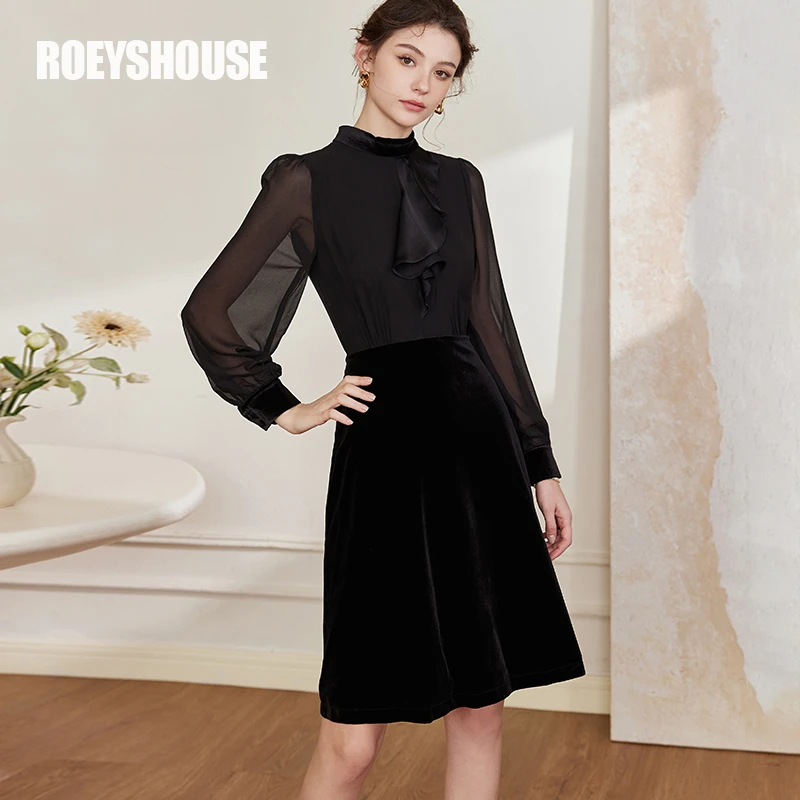 【RH】罗衣复古灯笼袖连衣裙2024春装新款淑女黑丝绒拼接裙子06093