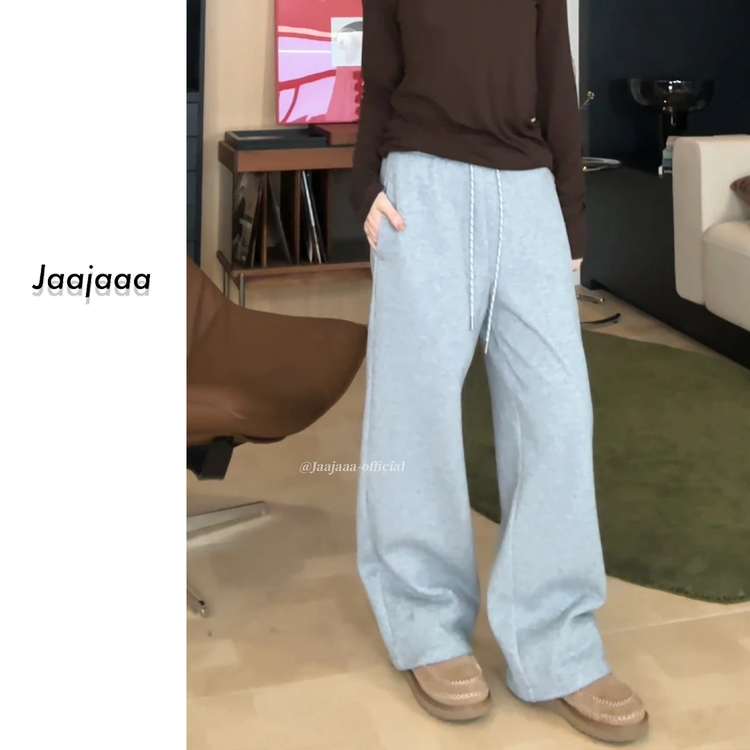 Jaajaaa斜阳融雪 高级感简约纯色直筒百搭显瘦加绒加厚休闲裤/ADF