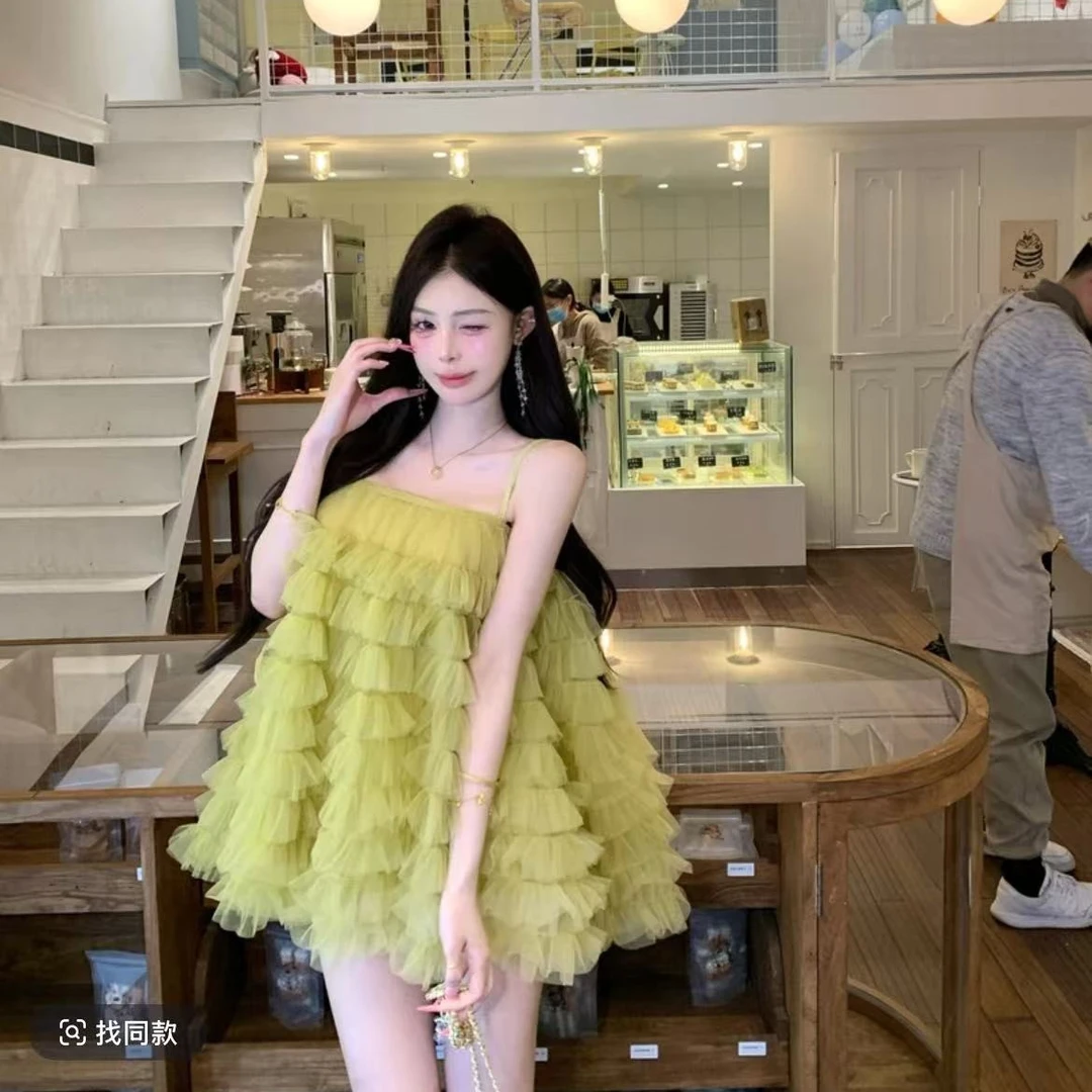 FaFa早春网纱吊带蛋糕裙超仙连衣裙女海边度假蓬蓬公主短裙子